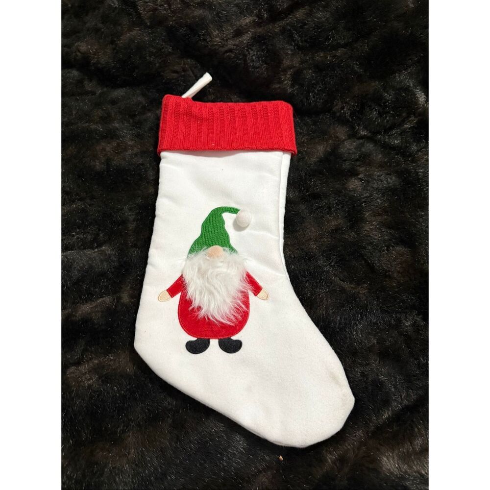 Gnome Christmas stocking green red fuzzy fluffy